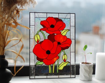 Stained glass panel Red poppies Stained glass window hanging Red flower Stained glass suncatcher Custom stain glass Kitchen cabinets decor