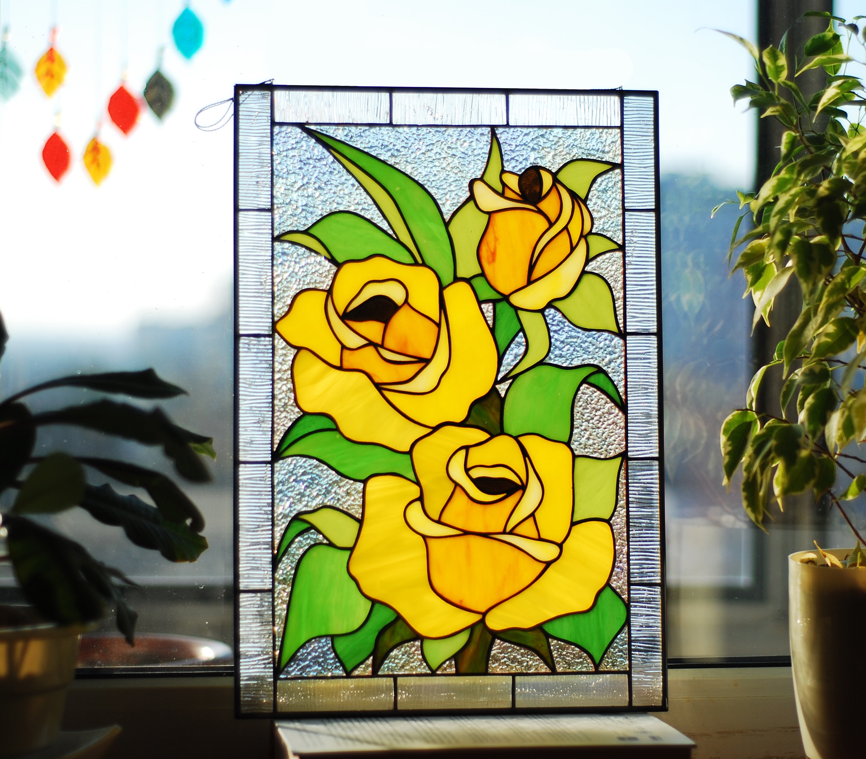 Stained Glass Window Panel Yellow Rose 12 X 16 In. Large Window