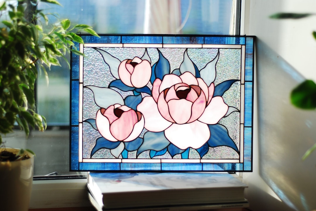 Stained Glass Panel Peony Stained Glass Window Hanging Pink Etsy