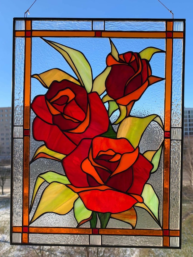 Roses stained glass panel Stained glass window hanging Etsy
