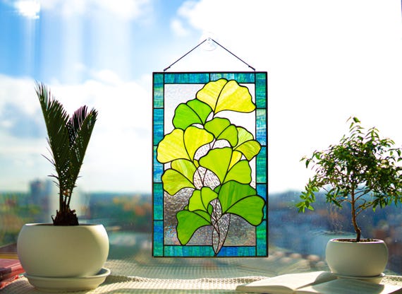 Stained Glass Ginkgo Biloba Panel 10x16 inch. Botanical Window