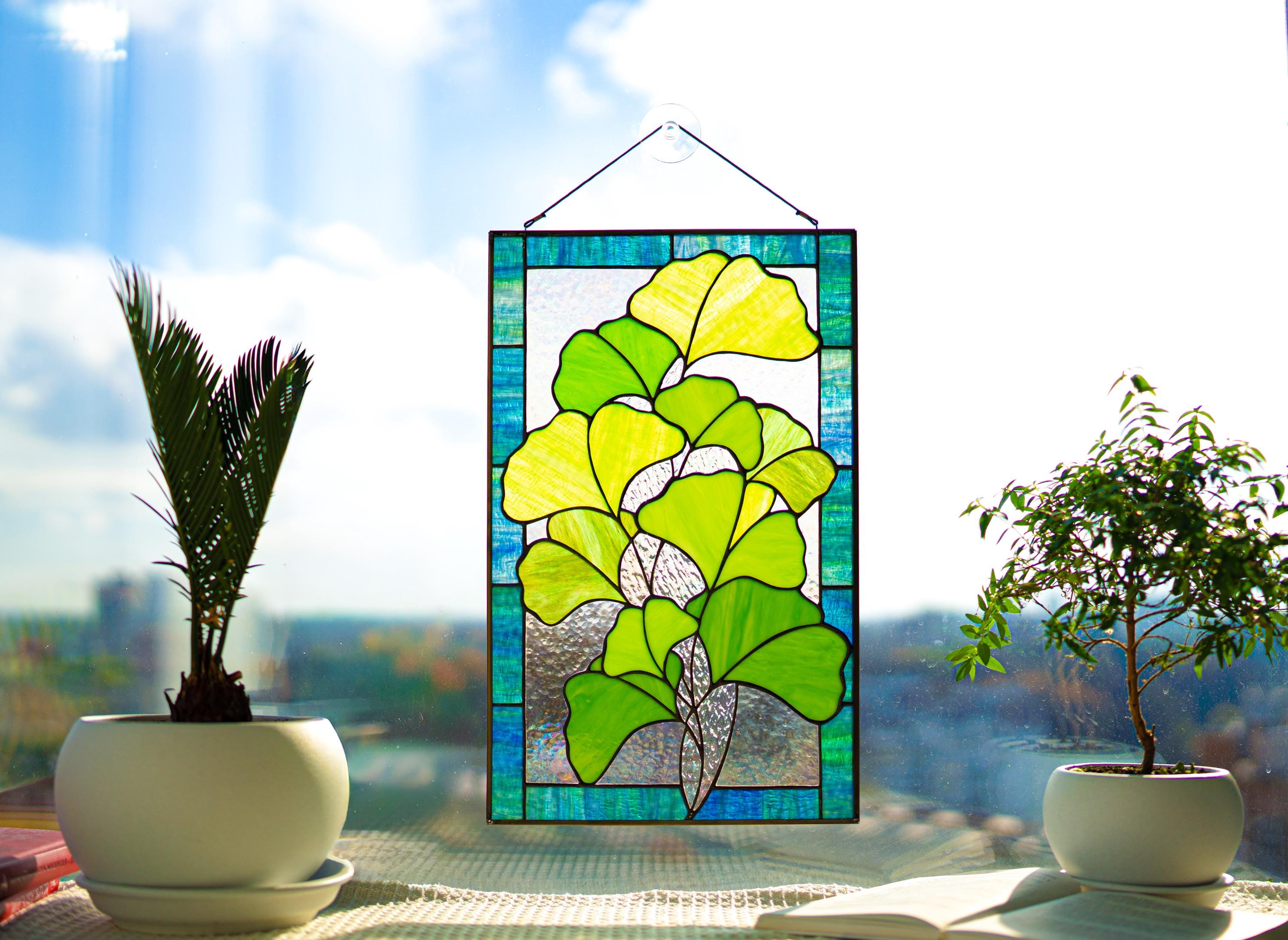 Stained Glass Ginkgo Biloba Panel 10x16 inch. Botanical Window