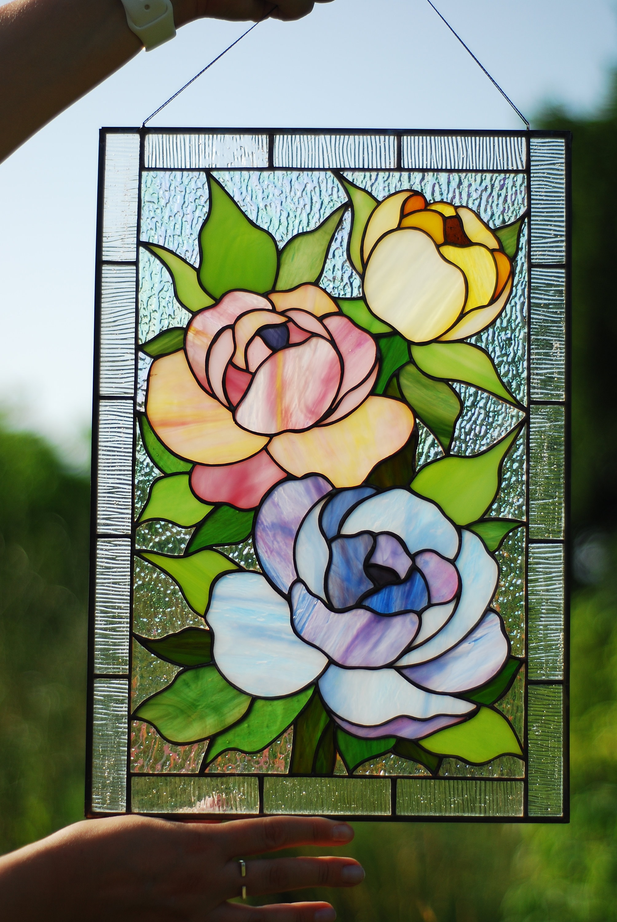 Stained glass panel Peony Stained glass window hanging Pink | Etsy