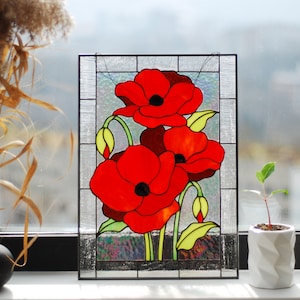 Stained Glass Panel Red Poppies Stained Glass Window Hanging Red Flower ...
