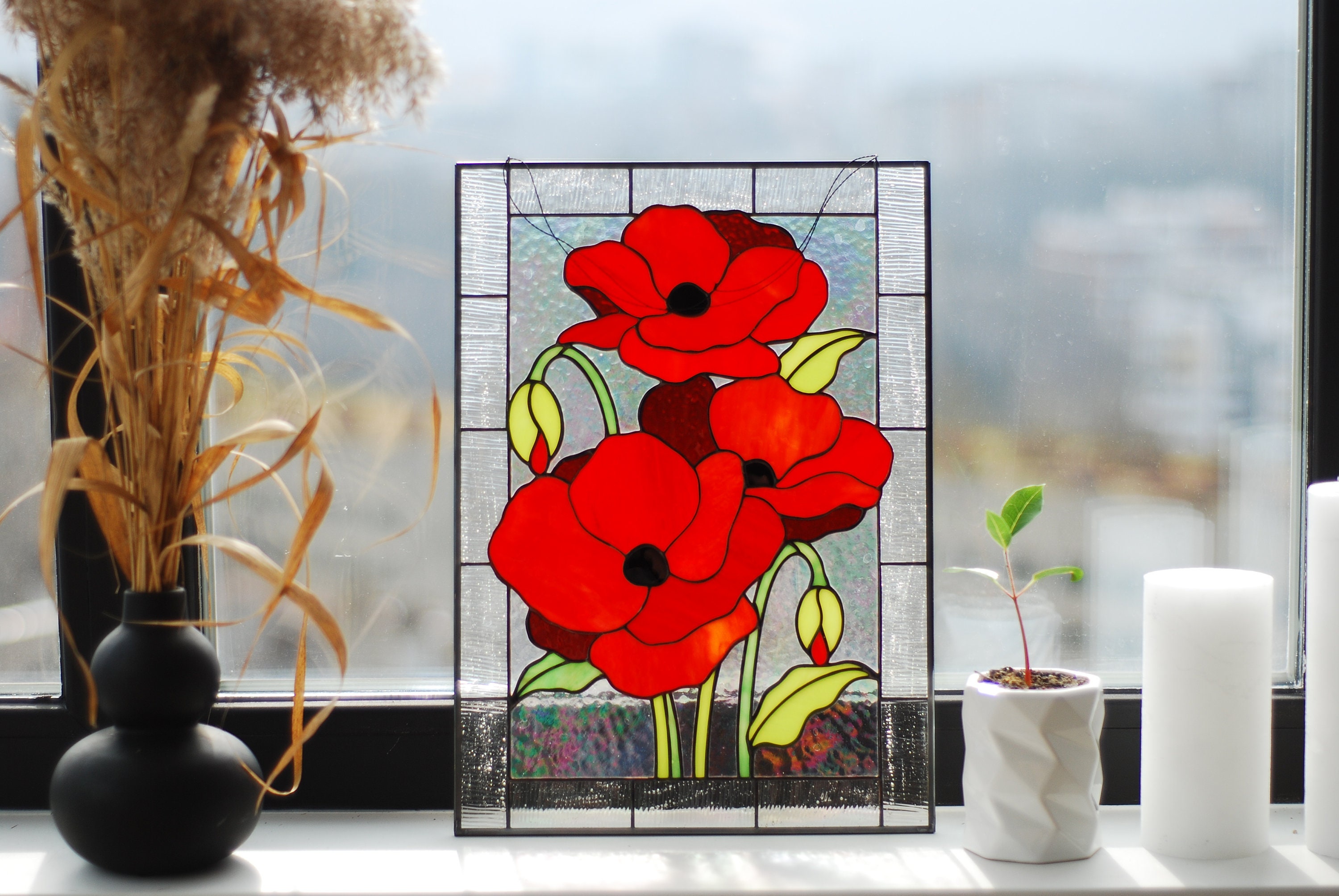 Stained Glass Panel Red Poppies Stained Glass Window Hanging Red Flower  Stained Glass Suncatcher Custom Stain Glass Kitchen Cabinets Decor - Etsy  Denmark