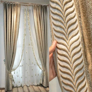 Custom Curtain Pair Panels Golden Luxury Embroidery Jacquard Silk Touch Blackout Living Room Bedroom Home Restaurant hotel Decor