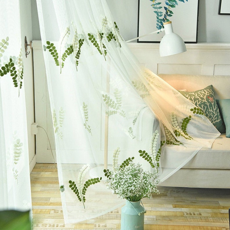 Custom Curtains Two Panels Sheer Voile Tulle Green Plant Leaf Etsy