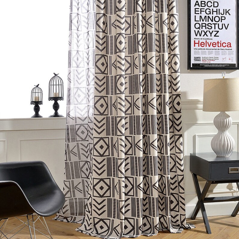 2 Colors Custom Curtains Sheer Voile Pair Panel Bohemian Abstract Art Geometry Tulle Rod Pocket Window Curtains Bedroom Living Room