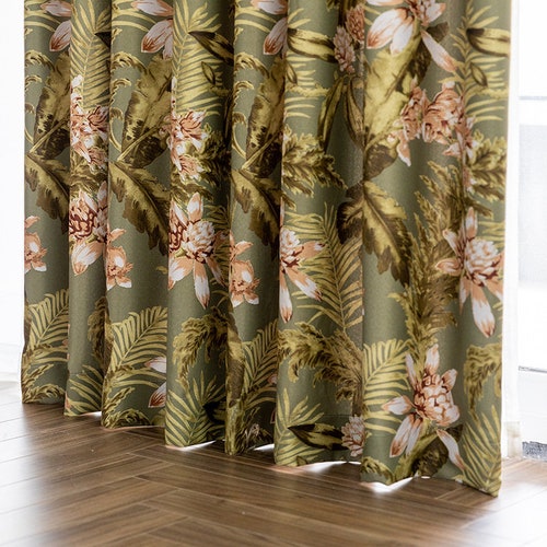 Custom Curtain Pair Panels Green Retro Flower Drapes online Window Coverings Rod Pocket Blind Living Room Bedroom Decor