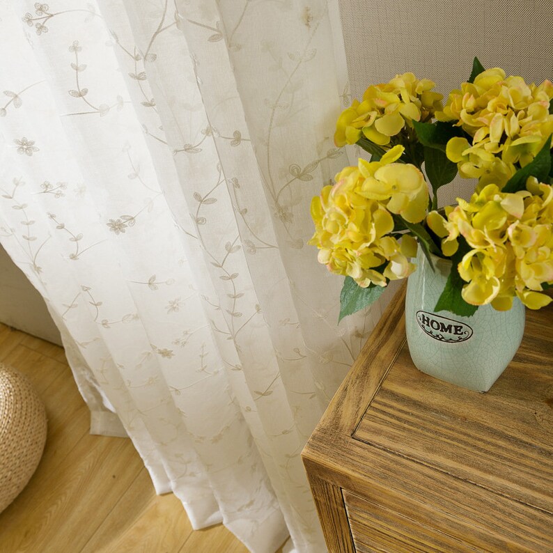 Custom Curtain White Yarn Embroidered Floral Linen Curtain Etsy Canada