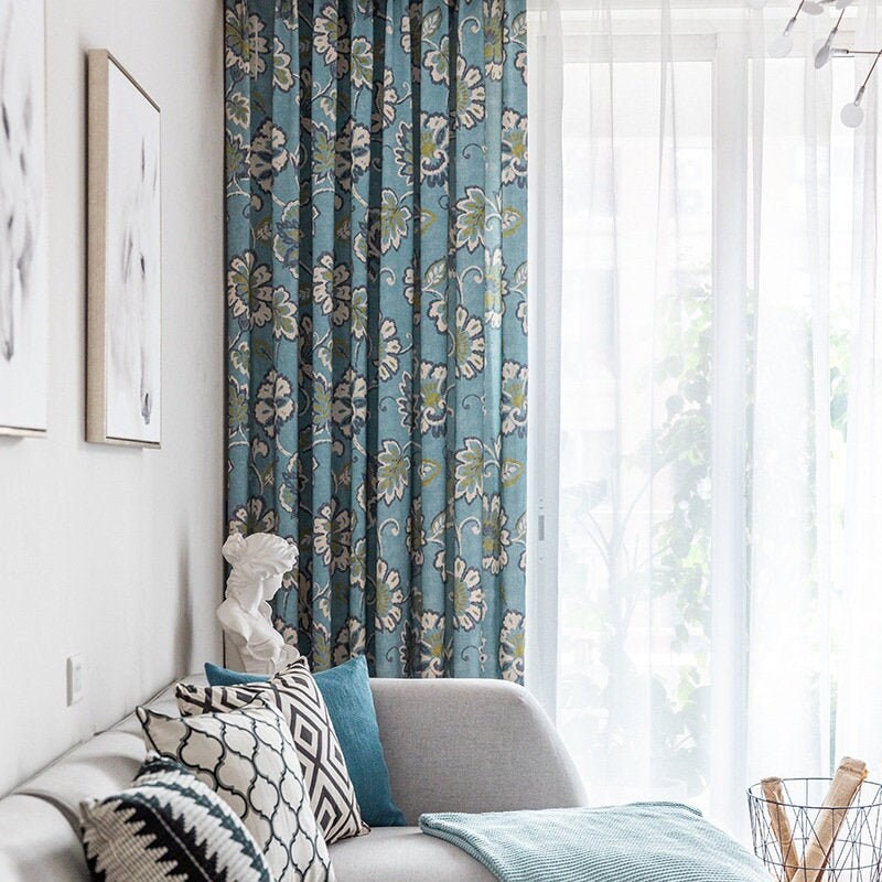 Custom Curtain Pair Panels Polyester Blue Art Printed Flowers Etsy