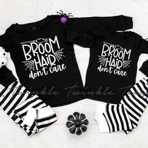 Broom Hair Don't Care White Striped Pyjamas Halloween Pyjama ' s Kleding Meisjeskleding Pyjamas & Badjassen Pyjama Sets Halloween Kleding 