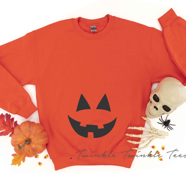 Pregnant Jack O Lantern Women's Crewneck Fleece Pullover Sweatshirt - Halloween Maternity Sweatshirt - Halloween Costume for Pregnant Women