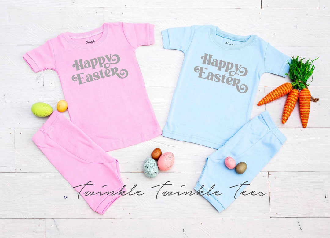 Retro Happy Easter Pink or Blue Shorts Easter Pajamas Toddler Easter
