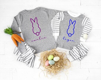 Simple Personalized Easter Bunny Gray Striped Baby, Toddler or Kids Easter Pajamas - toddler easter pjs - baby easter pjs - boys easter pjs