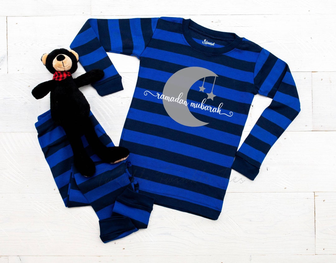 Ramadan Mubarak Moon and Stars Blue and Navy Striped Long Sleeved