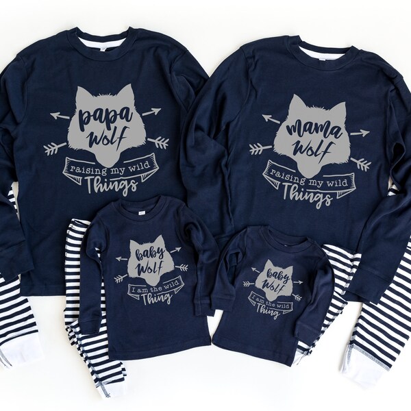 Wolf Family Navy Striped Baby, Kids and Adult Pajamas - matching family pajamas - family photoshoot pajamas - loungewear for the family