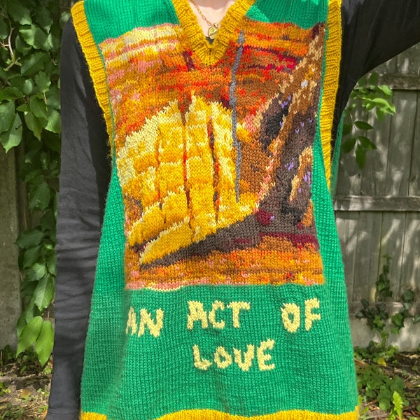 1/1 Einzigartige handgestrickte Weste mit V-Ausschnitt aus 100% Wolle - "Ein Akt der Liebe"