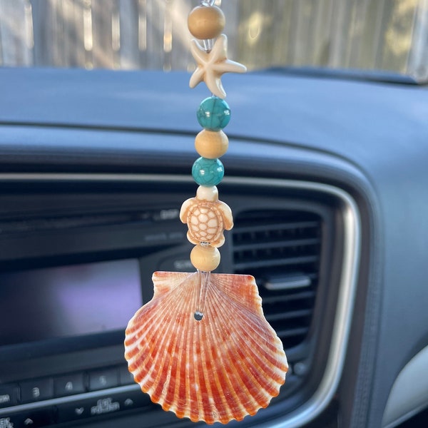 Beachy car charm scented freshener, coastal cowgirl seashell rear view mirror car charm, rear view mirror beach decor car accessories