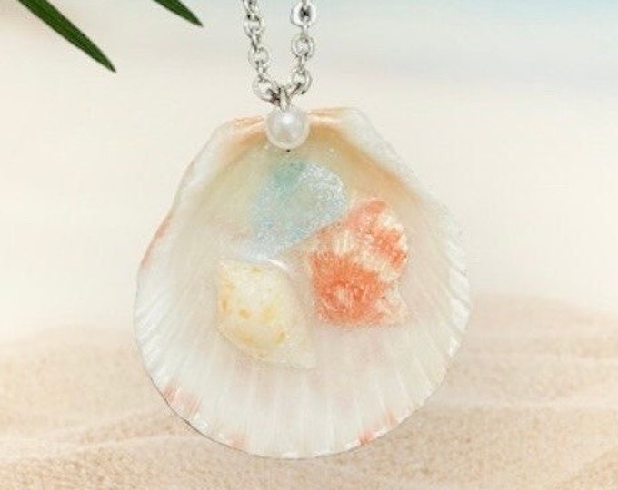 Seashell necklace real shells and sea glass,mermaid necklace beach decor ,resin ocean jewelry,mothers day gift for her