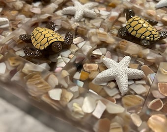 Coastal Tic-Tac-Toe Game,Sea Turtle & Starfish crushed seashell resin board game