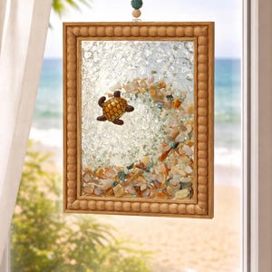 Seashell wall art sun catcher, Sea turtle art decor, resin glass beach decor for home,seashell decor for coastal home
