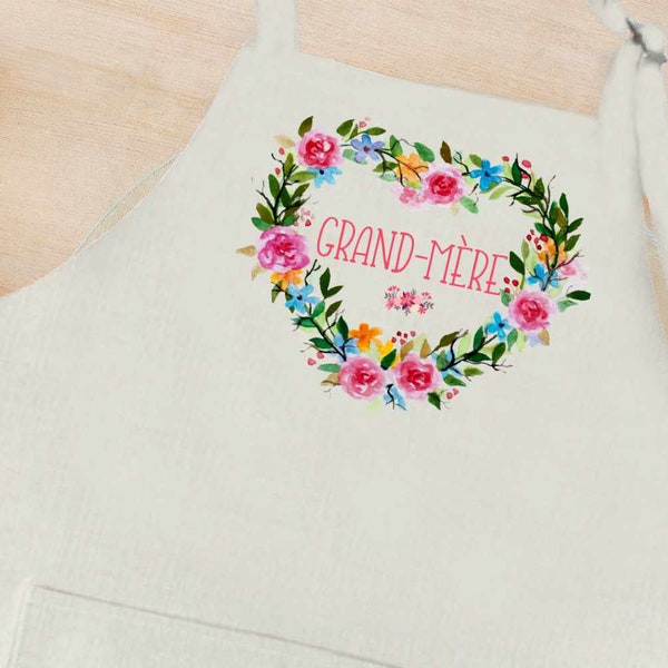 Grand-Mère French  Grandmother  Floral Heart Apron With Pocket Design Kitchen Design Grandma Gift