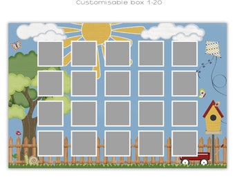 May include: A customizable photo collage with 20 square frames, featuring a blue sky, a yellow sun, a green tree, a brown fence, a red wagon, and a birdhouse. The text "Summer Days Series" and "Customisable box 1-20" is at the top of the image. The text "8x12 inch PSD File" is at the bottom of the image.