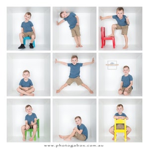May include: A grid of nine images shows a young person in a blue t-shirt and khaki shorts posing in different ways inside white boxes. The poses include sitting on colorful chairs, leaning against walls, and spreading arms. The website address "www.photogabox.com.au" is at the bottom.