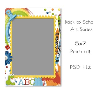 May include: A 5x7 portrait photo frame with a colourful rainbow, crayon, and ABC design. The frame is ready to be used for a school-themed photo.