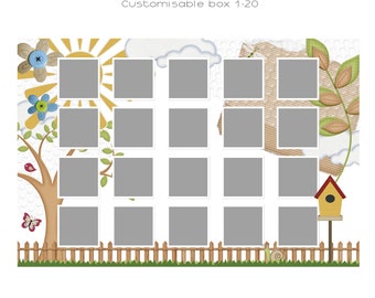 May include: A customizable 8x12 inch PSD file class template with a nature theme. The template features a tree, a birdhouse, a fence, and 20 photo frames.