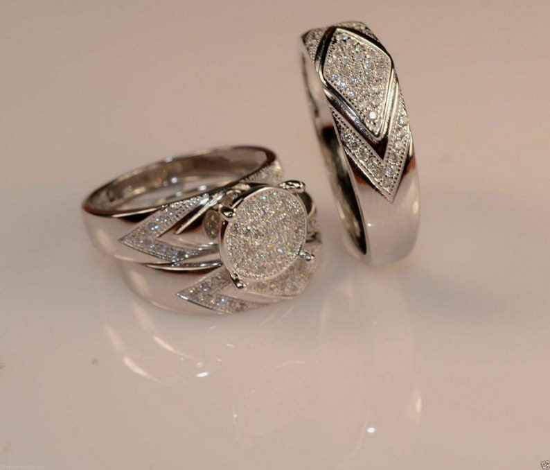 Wedding Ring Bands Trio Bridal Set Silver 925 His Her Mens and Woman Diamonds