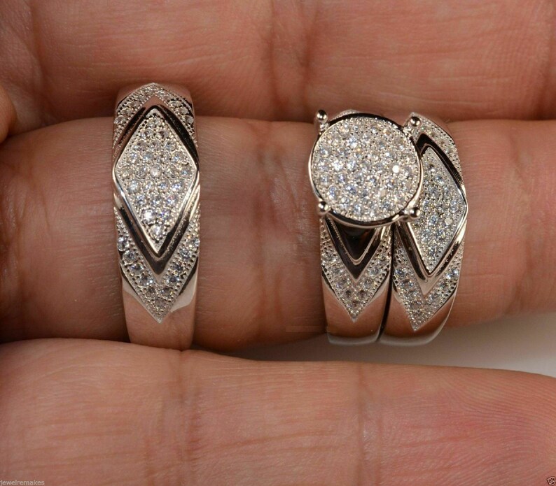 Wedding Ring Bands Trio Bridal Set Silver 925 His Her Mens and Woman Diamonds