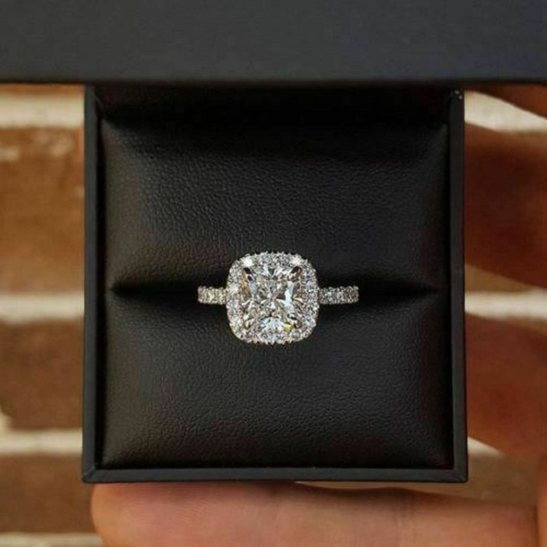 925 Sterling Silver Engagement Ring in Solid 2.55ct White Cushion Diamond