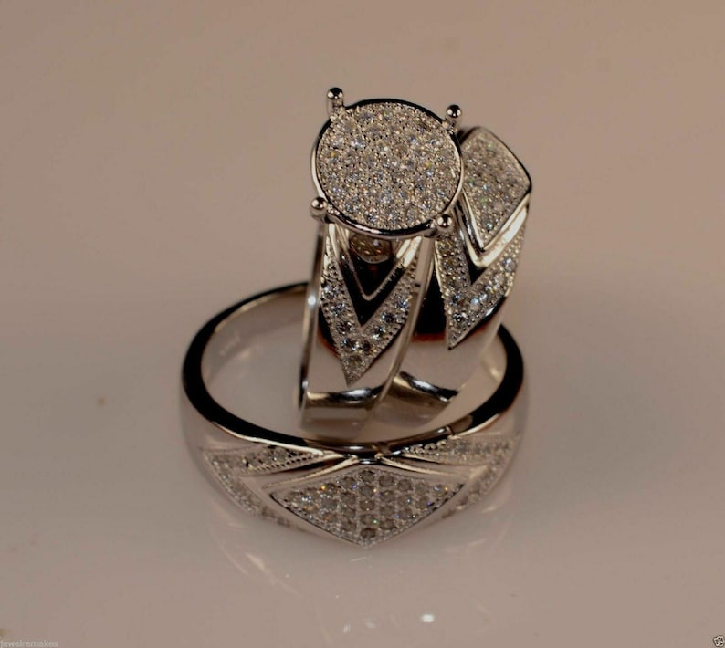 Wedding Ring Bands Trio Bridal Set Silver 925 His Her Mens and Woman Diamonds