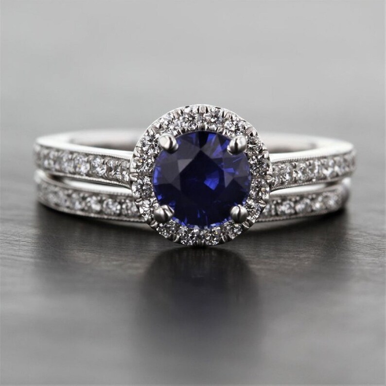 2.35 CT Dark Blue Brilliant Round Cut Simulated Diamond Halo Engagement Ring Lovely Ring Wedding Band 925 Sterling Silver Bridal Ring Set