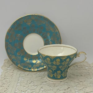 Turquoise Gold Chintz Aynsley Corset Teacup with Saucer Collectible