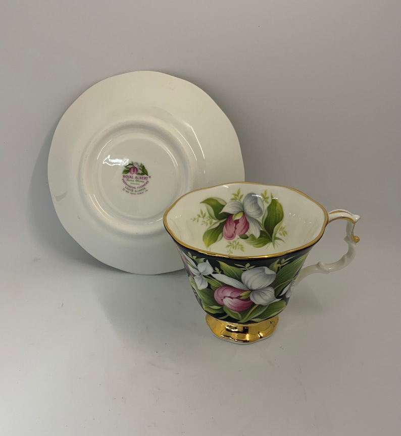 May include: A Royal Albert teacup and saucer with a black background and a floral design featuring pink and white flowers. The saucer has the Royal Albert logo on the bottom.