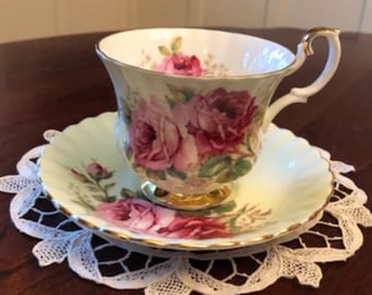 Royal Albert American Beauty Teacup and Saucer, Rare Green Bone China, Gold Trim 1950s