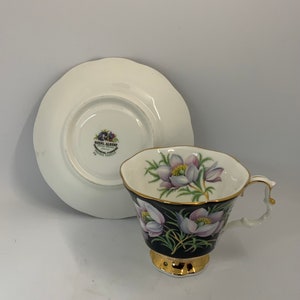 May include: A white teacup and saucer with a black and gold floral design. The saucer has a gold rim and the teacup has a gold handle. The teacup features a floral pattern with white flowers and green leaves on a black background. The saucer has the Royal Albert logo and the words "Botanical Flowers" in gold lettering.