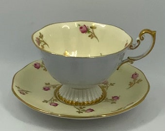 Royal Albert Lavender Teacup and Saucer, Yellow Rosebud Interior, Gold Trim 1950s Bone China