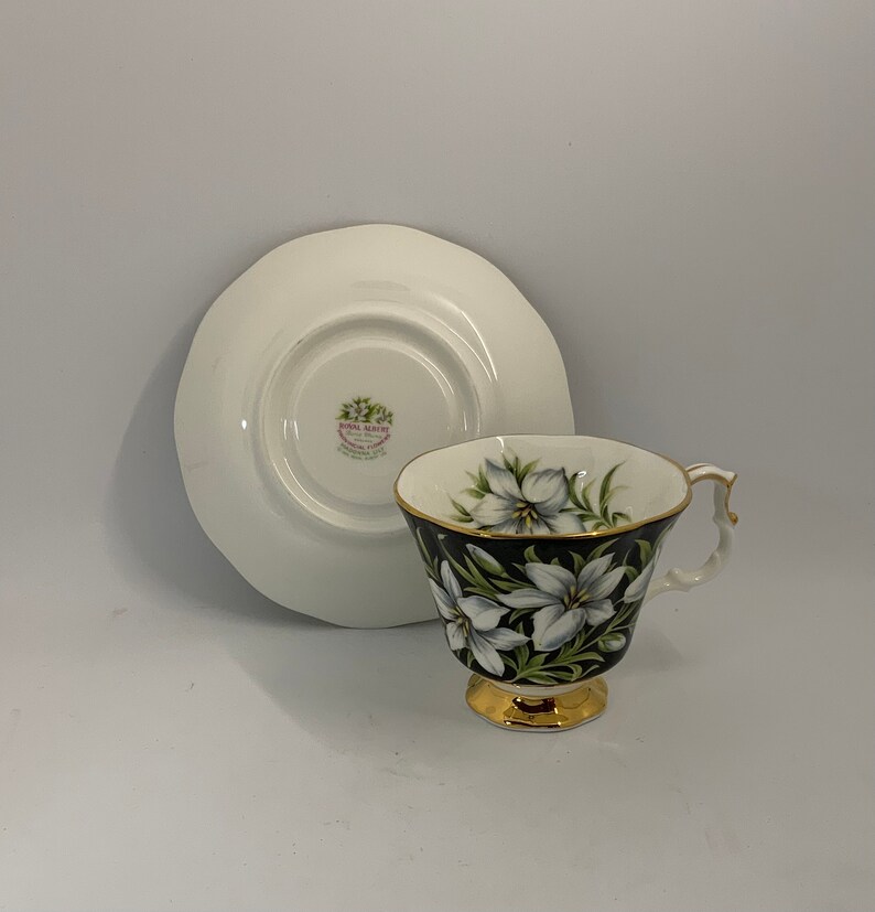 May include: A white teacup and saucer with a black background and white flowers. The saucer has a gold rim and the teacup has a gold handle and base. The teacup has the words "Royal Albert" printed on the bottom.
