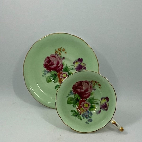 Vintage Paragon Teacup, Paragon Cabbage Rose Tulip Bouquet, Mint Green Teacup