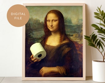 Bathroom Mona, Toilet Wall Art, Holding toilet paper, Eclectic, Vintage Poster, Altered Renaissance Painting, Funny Gift, Maximalist decor