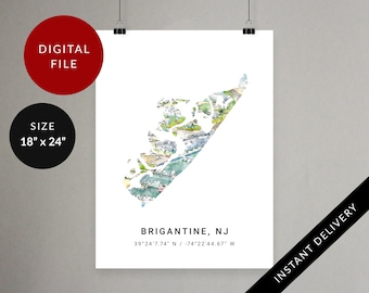 Brigantine väggkonst, New Jersey, minimalistisk poster med karta, NJ, USA:s delstat digitalt tryck, utskrivbar resekonst