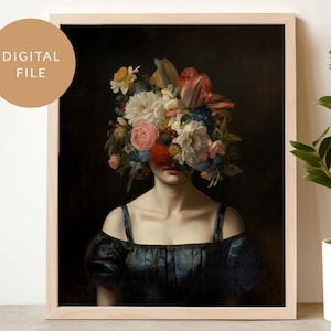 Cara floral, arte de pared ecléctico, cartel vintage, pintura al óleo renacentista alterada, obra de arte maximalista, cabeza de flor