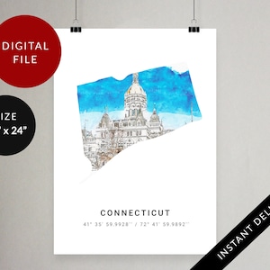 Peut inclure: Impression numérique de l'état du Connecticut avec un effet aquarelle. Le contour de l'état est rempli d'aquarelle bleue et blanche, et le bâtiment du Capitole de l'État est visible au centre. Le texte "CONNECTICUT" et les coordonnées "41° 35' 59.9928" / 72 41 59.9892" sont imprimés sous l'image.