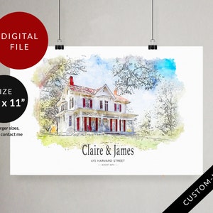 Aangepaste huis portret print, aquarel, housewarming, nieuw huis verhuizen cadeau, aangepast cadeau, afdrukbaar