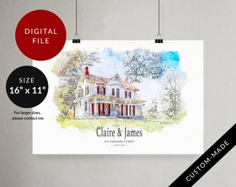 Custom House Portrait Print, Watercolor, Housewarming, New Home Moving Gift, Customized Gift, Printable