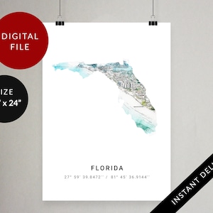 Florida Kaart Minimalistische Poster, FL, Verenigde Staten Staat Digitale Print, Afdrukbare Reizen Wall Art